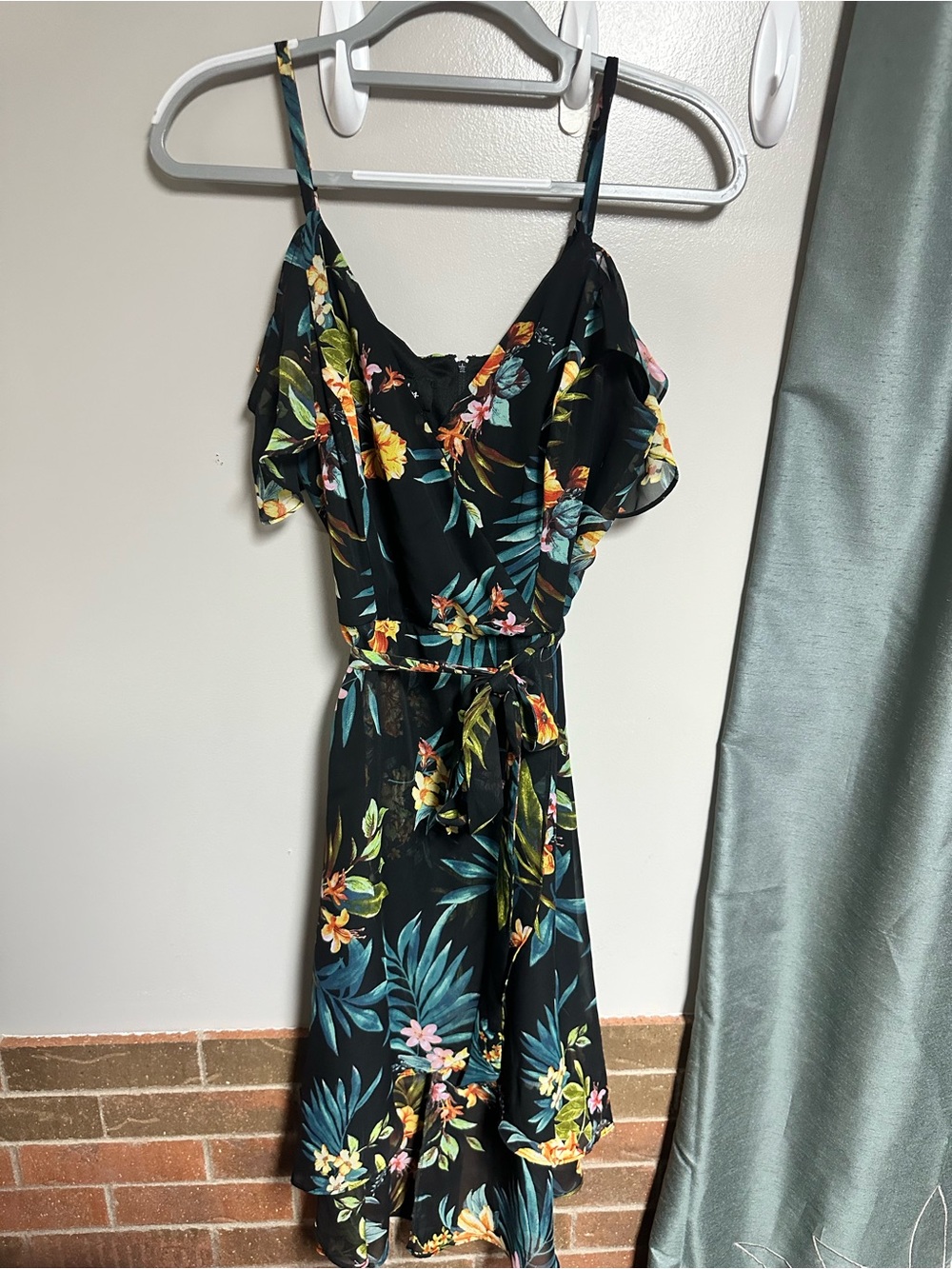 by & by Black Floral Cold-Shoulder Midi Dress with Yellow and Teal Accents